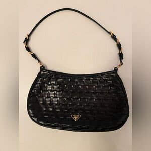 Vintage Prada mini black woven leather shoulder bag w/ metal mirror. Like new.